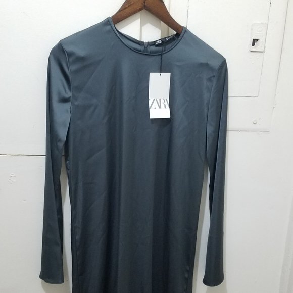 NWT SATIN Effect DARK CHARCOAL GRAY Long Sleeve Midi Dress - Picture 8 of 12